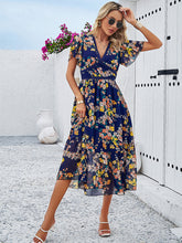 Load image into Gallery viewer, Printed V-Neck Flutter Sleeve Midi Dress
