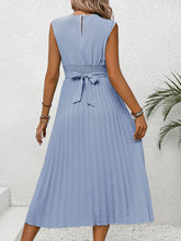 Load image into Gallery viewer, Pleated Round Neck Cap Sleeve Dress
