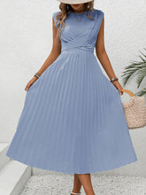 Load image into Gallery viewer, Pleated Round Neck Cap Sleeve Dress
