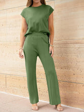 Load image into Gallery viewer, Round Neck Cap Sleeve Top and Pants Knit Set
