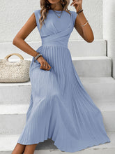 Load image into Gallery viewer, Pleated Round Neck Cap Sleeve Dress
