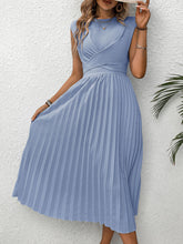 Load image into Gallery viewer, Pleated Round Neck Cap Sleeve Dress
