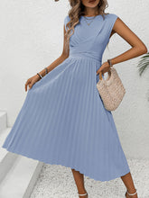 Load image into Gallery viewer, Pleated Round Neck Cap Sleeve Dress
