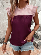 Load image into Gallery viewer, Frill Contrast Round Neck Cap Sleeve Blouse
