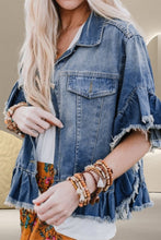 Load image into Gallery viewer, Ruffled Raw Hem Half Sleeve Denim Top
