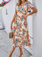 Load image into Gallery viewer, Printed V-Neck Flutter Sleeve Midi Dress
