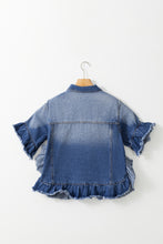 Load image into Gallery viewer, Ruffled Raw Hem Half Sleeve Denim Top
